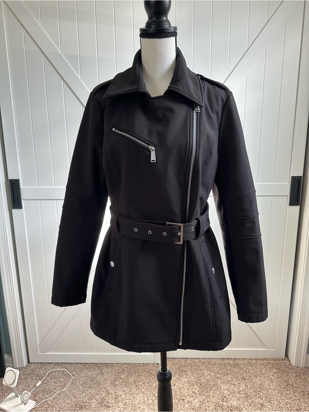BCBGGeneration Black Belted Moto Jacket Coat Knit Sleeve Panels Size Medium